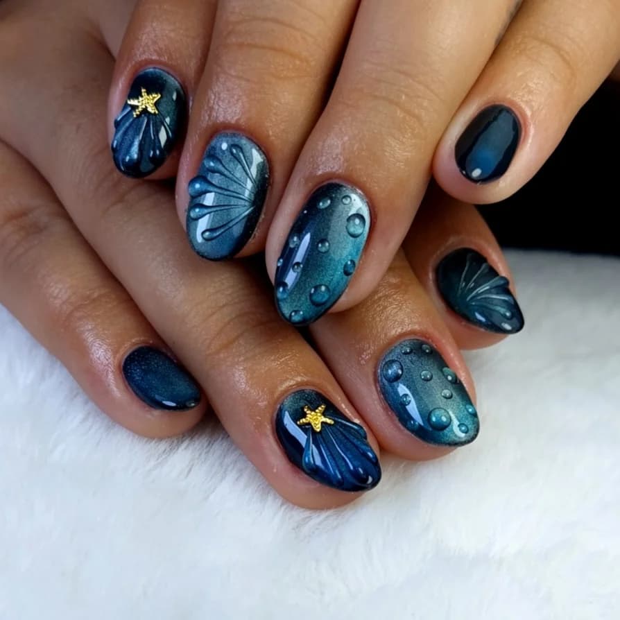 Nail art temática oceánica en azul con conchas 3D